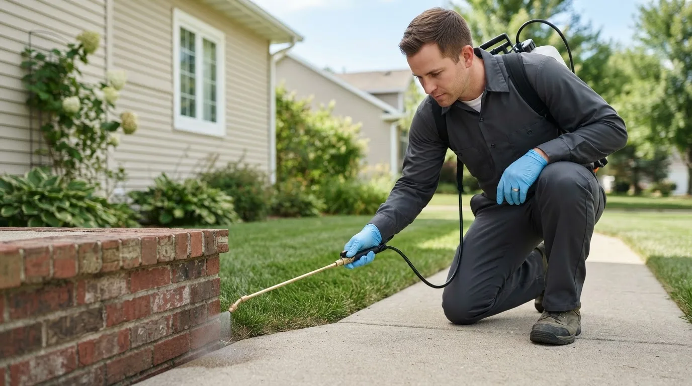 Pest control technician treating a home near Albion, RI